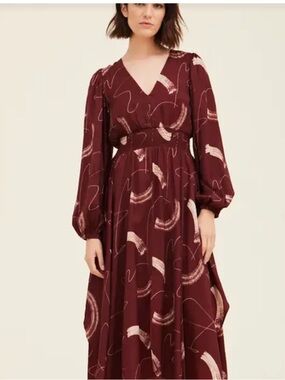 Grade & Gather Claret Print Satin Long Sleeve Dress Smocked Waistband SP NWT